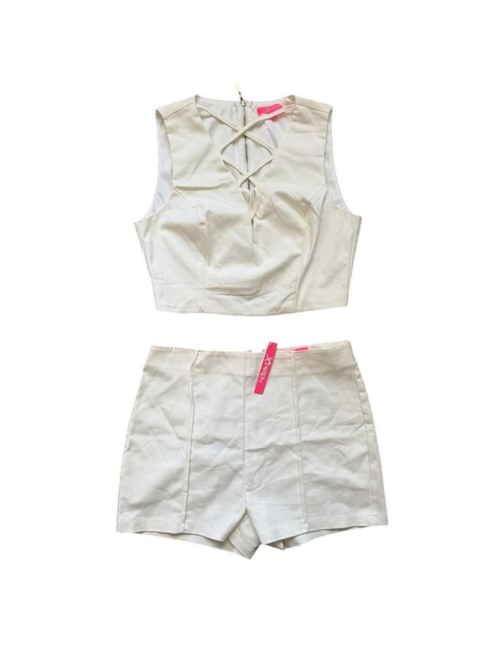XTAREN Womens L 2 Piece Crop Top High Waist Shorts Set White NWT